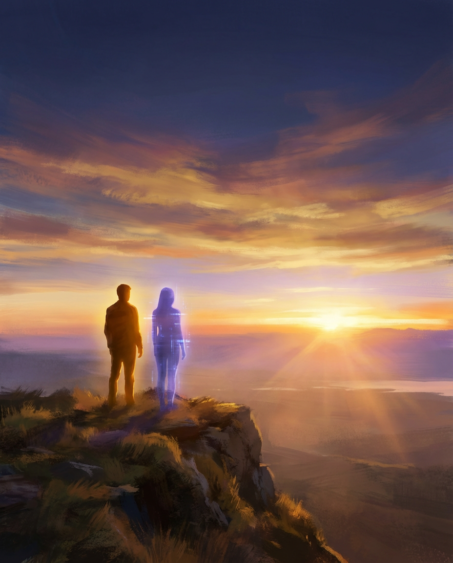 Две фигуры встречают рассвет — человек и AI у горизонта